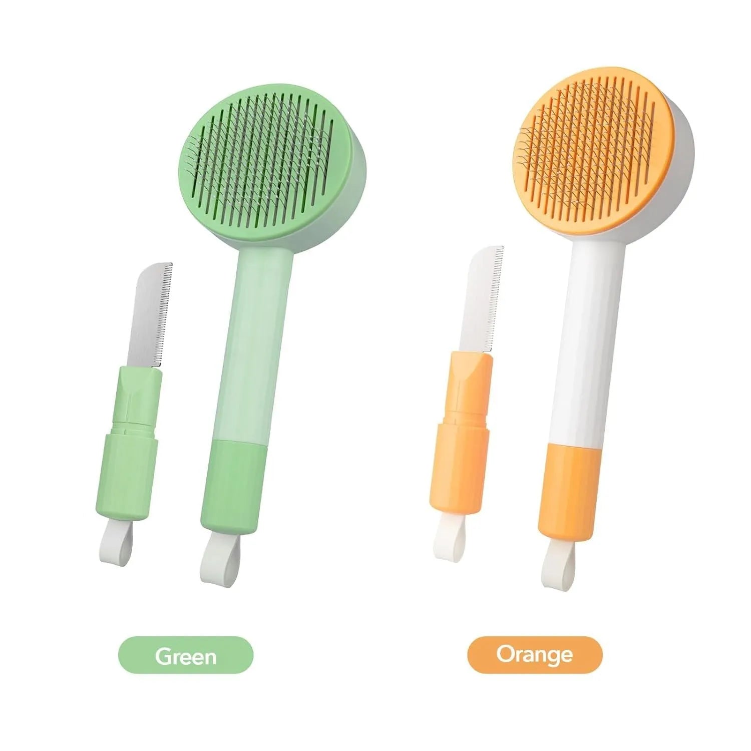 Green and yellow 2-in-1 pet grooming and deshedding brush with curved stainless steel teeth on a white background.