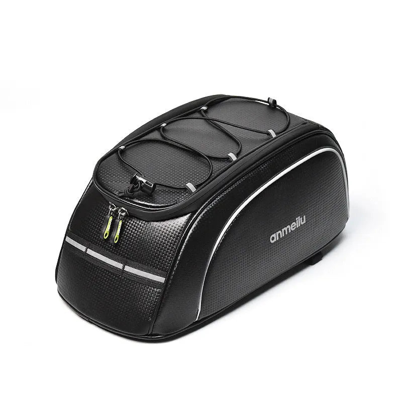 Waterproof black bicycle rack bag with 8L capacity mounted on bicycle rear rack