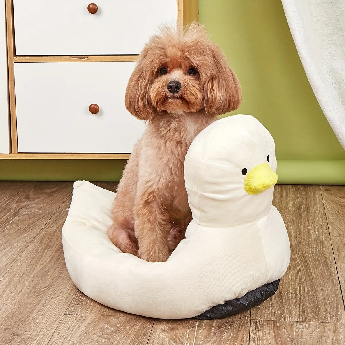 Blue duck-shaped fluffy pet bed sofa for a small dog, showing raised sides and soft material.