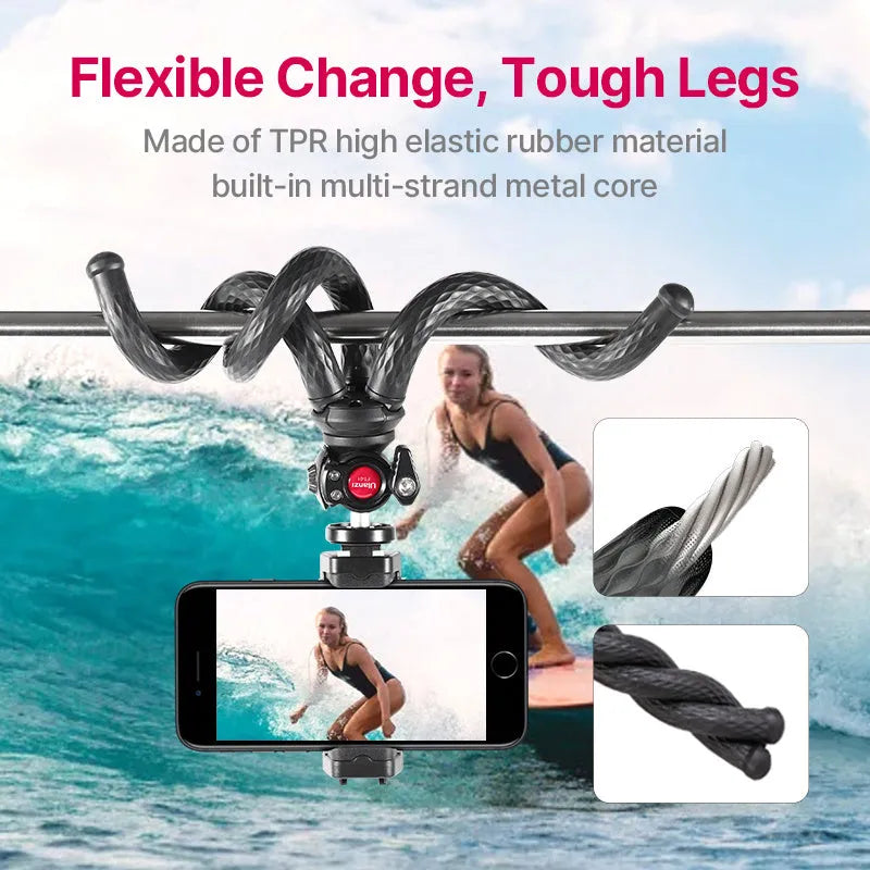 Black octopus-style mobile phone tripod with clip extended to 360mm on a table.