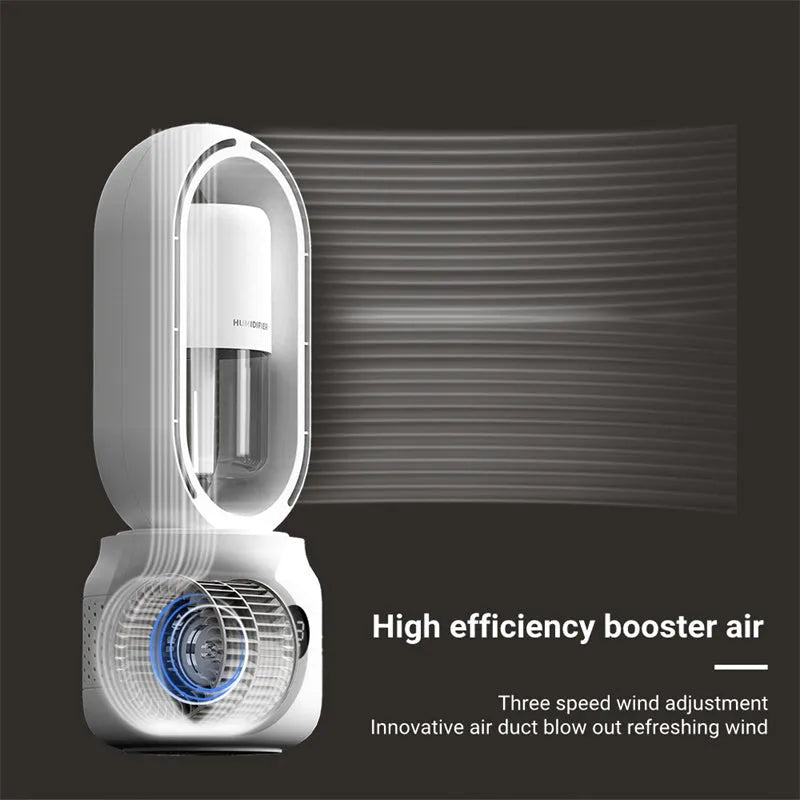 White bladeless table fan with humidifier mist spray and USB rechargeable battery on wooden desk