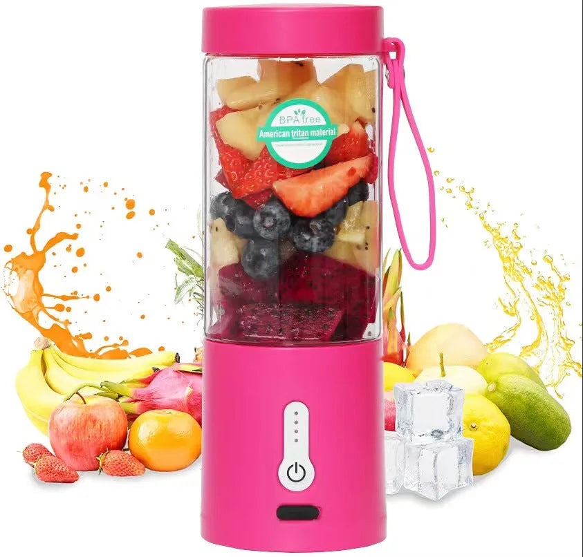Black portable hand blender with transparent 530ml measuring cup and five-blade cutter head.