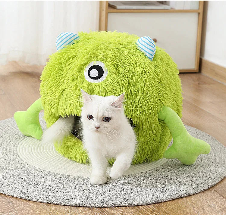 Fluffy round cat bed with non-slip base in three size options