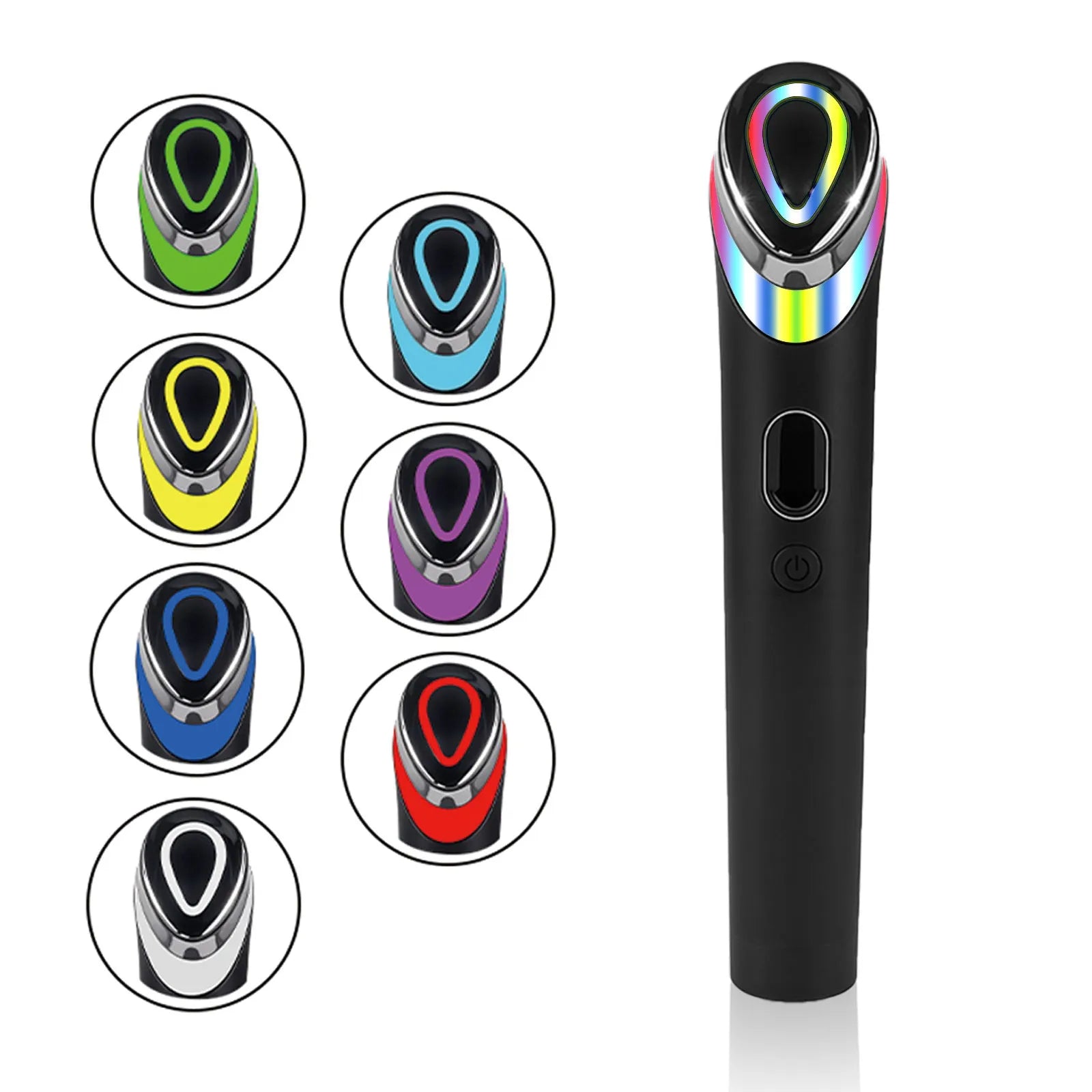 Black eye massager device showing 7 colour light therapy functions with vibration massage