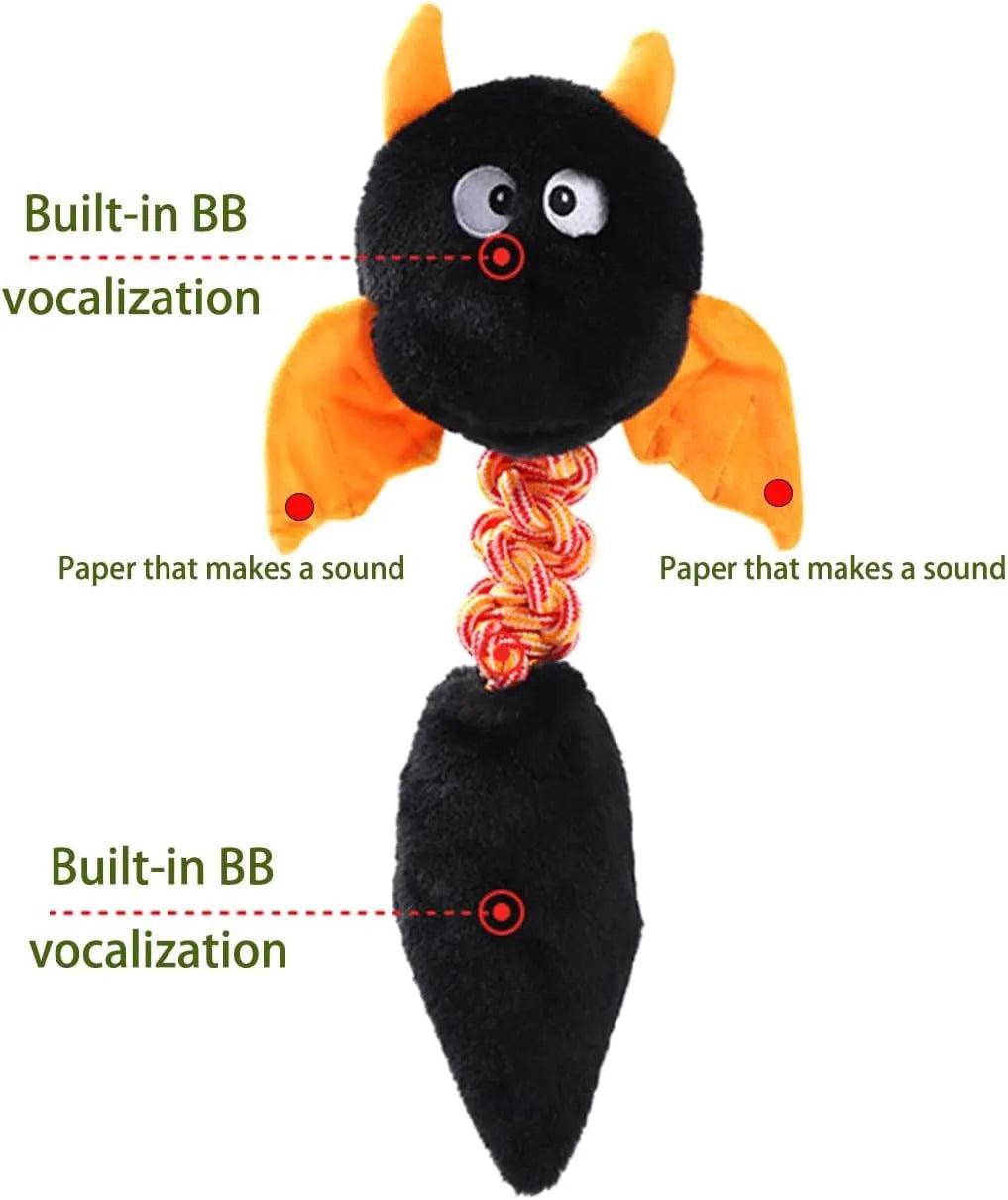 Plush dog toy with cartoon design in assorted colours showing squeaker and rope knot details
