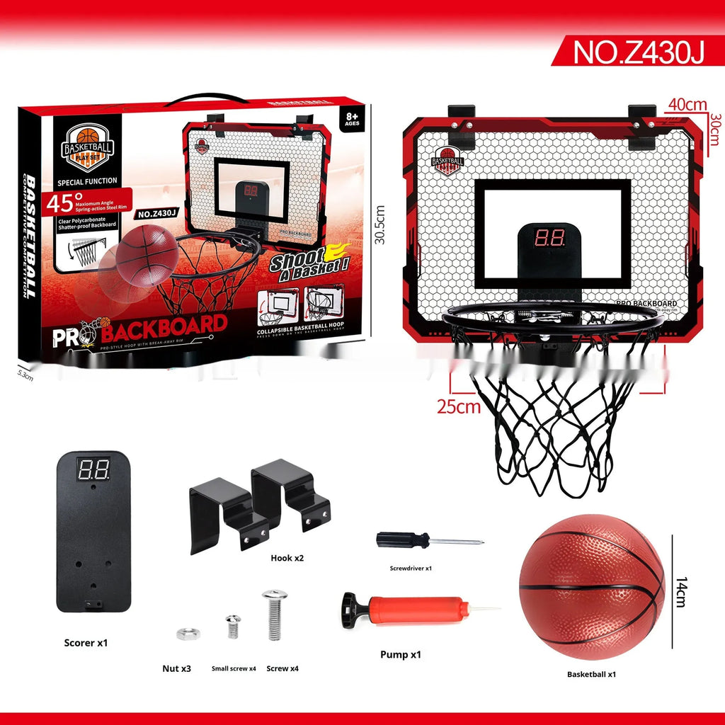 Red and blue folding basketball frame with scoring panel, suction cups, and a 16cm ball on a door