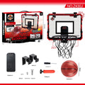 Red and blue folding basketball frame with scoring panel, suction cups, and a 16cm ball on a door