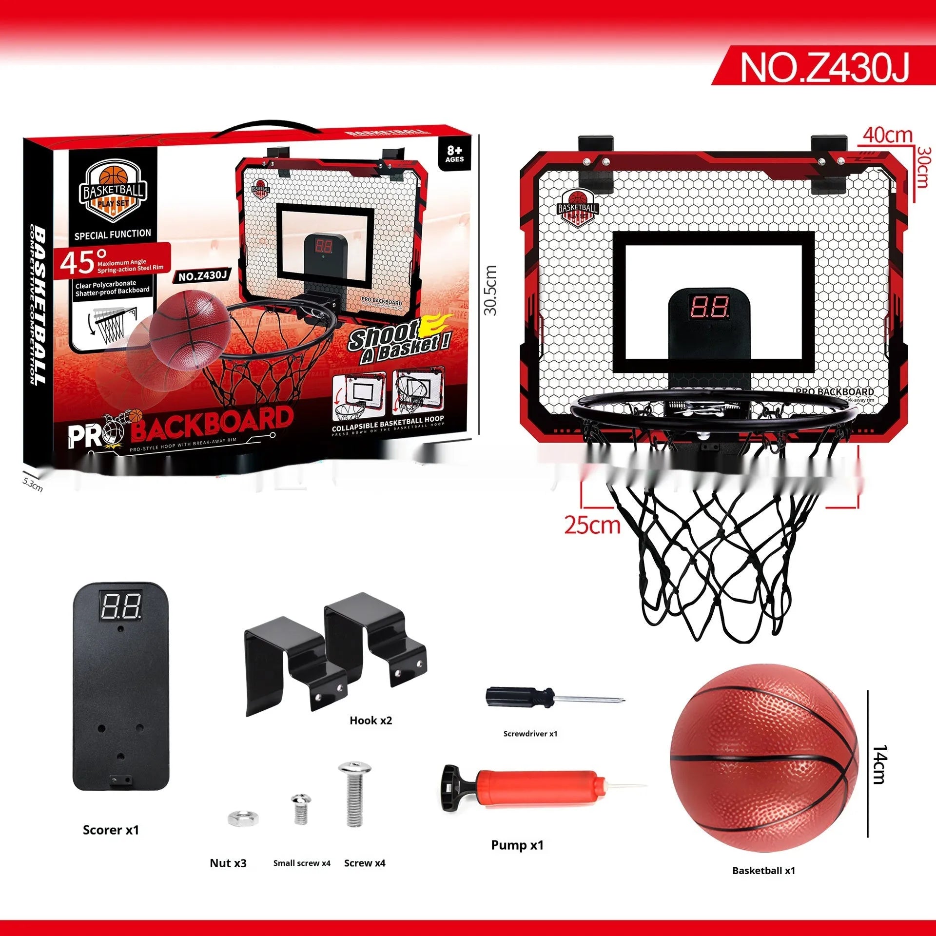 Red and blue folding basketball frame with scoring panel, suction cups, and a 16cm ball on a door