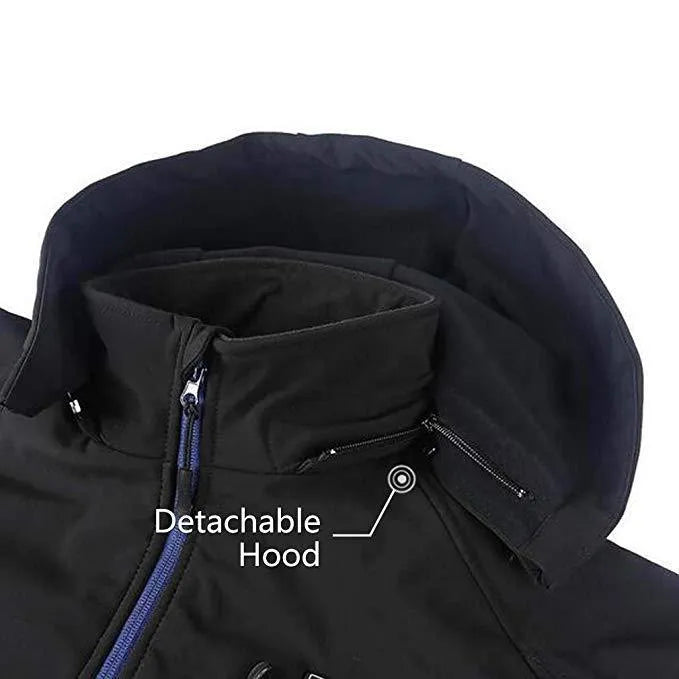 Black USB heated winter coat for men with waterproof windproof polyester construction and electric heating pockets