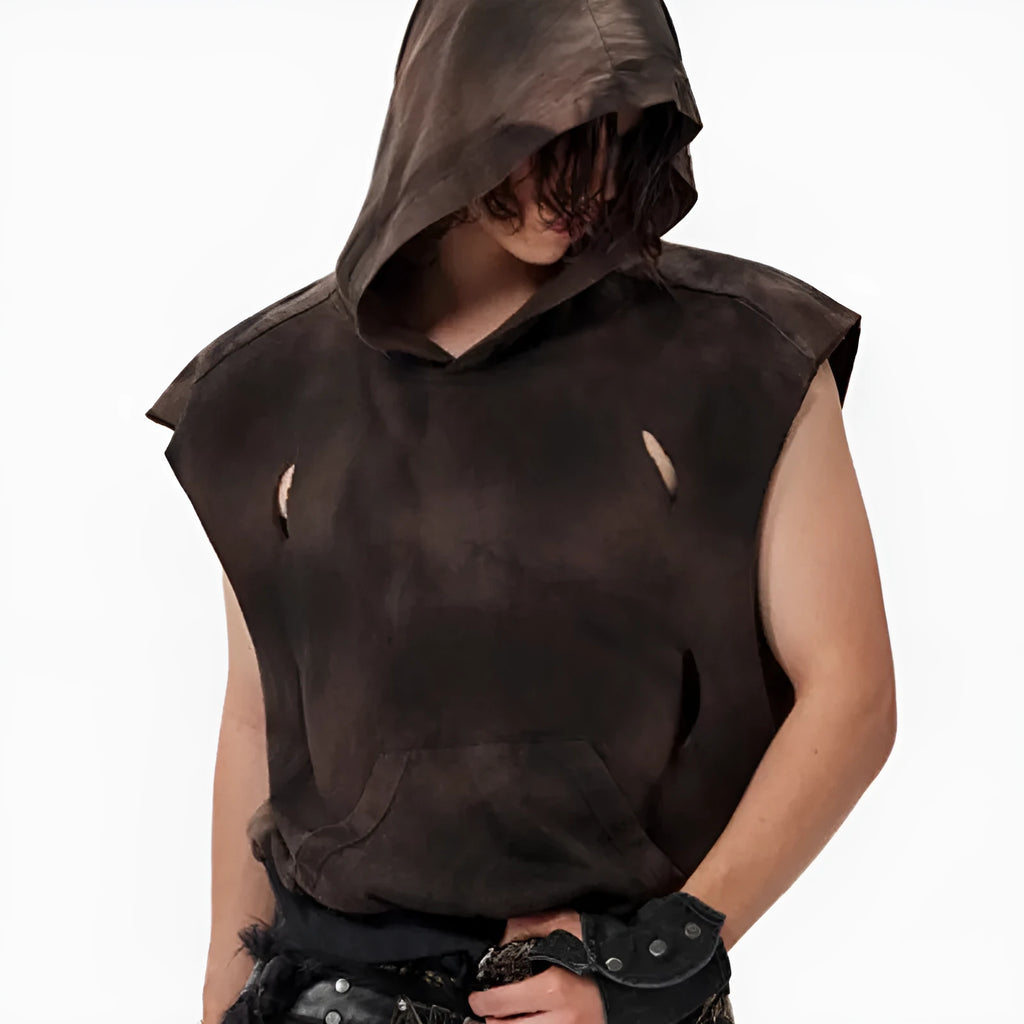 Khaki cotton short-sleeved hood vest for teenagers shown in casual wear
