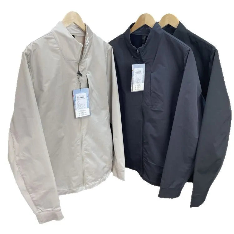 Men's stand collar casual jacket in polyester available in black, dark blue, and milky white