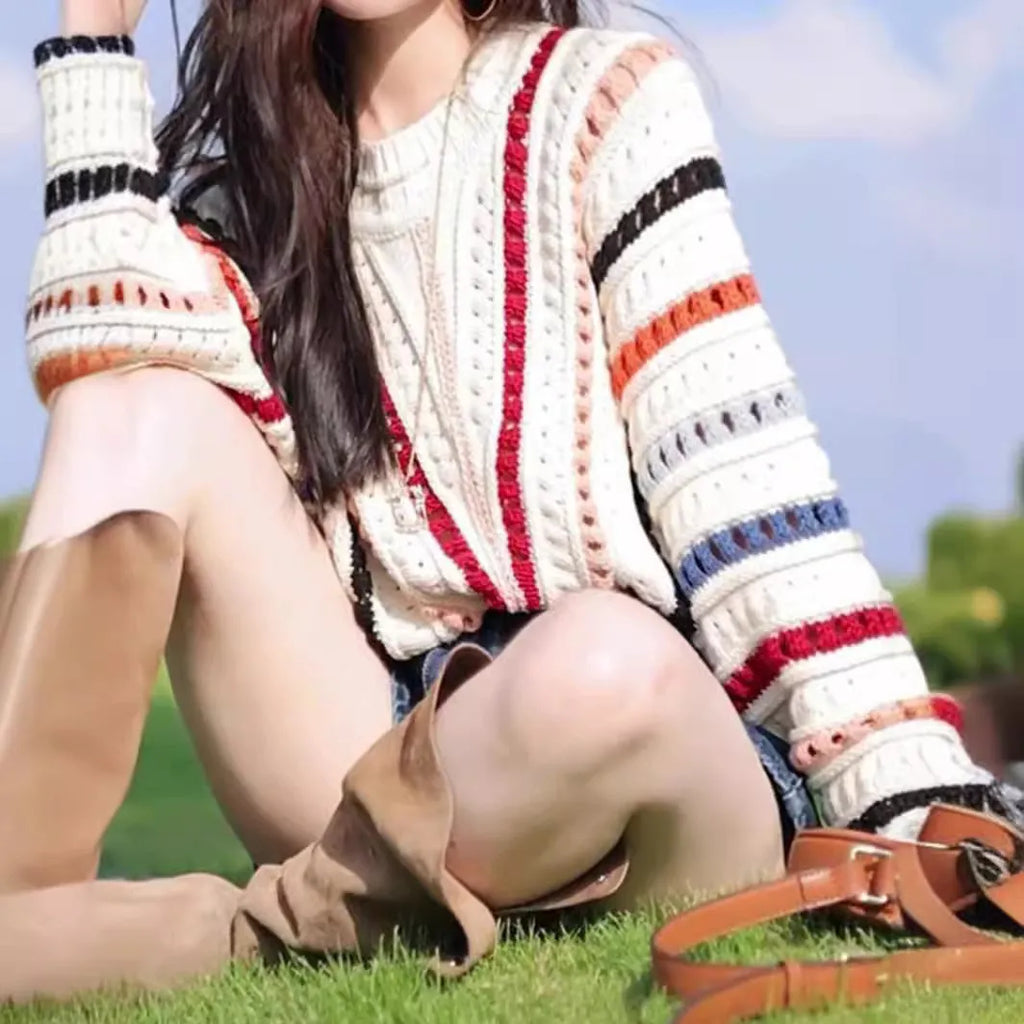 Rainbow striped hollow sweater with batwing sleeves and round neck in poly-cashmere blend