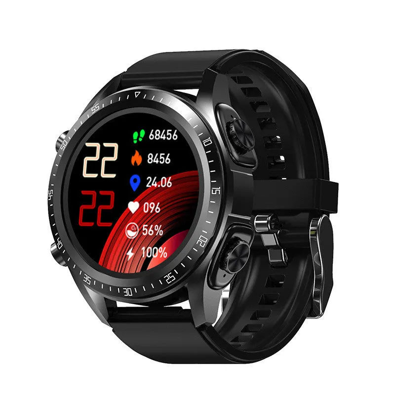 Black smart watch with silicone strap showing blood pressure and oxygen monitoring on its 1.28-inch screen.