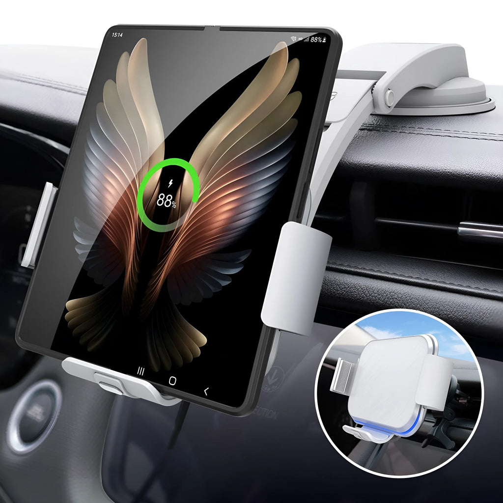Grey wireless charging phone holder for cars with vent clip and suction cup mount options on a dashboard.