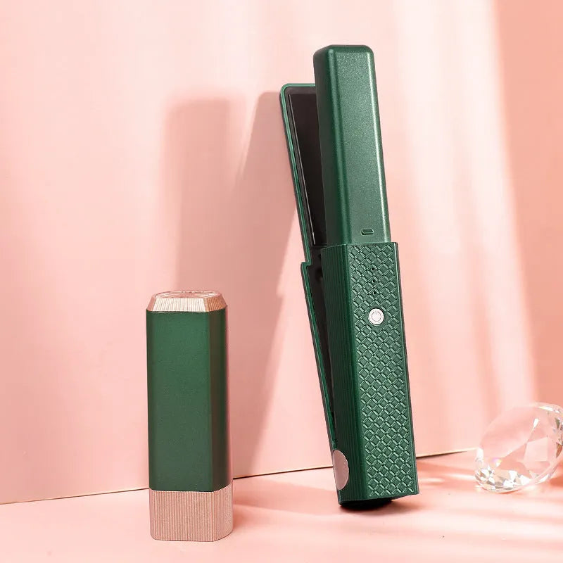 Pink and green cordless USB hair straightener with ceramic plates and digital temperature display