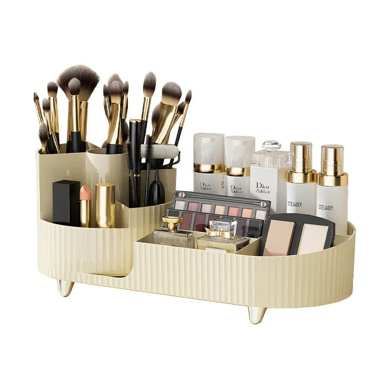 Rotating cosmetics storage box with two shelves holding makeup brushes and beauty products