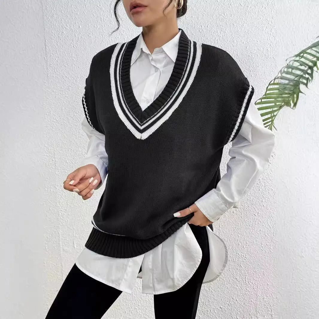 Women's loose-fit acrylic blend vest sweater in black, blue, or coffee, college style.