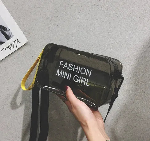Transparent square jelly shoulder bag with diagonal cross design and adjustable strap