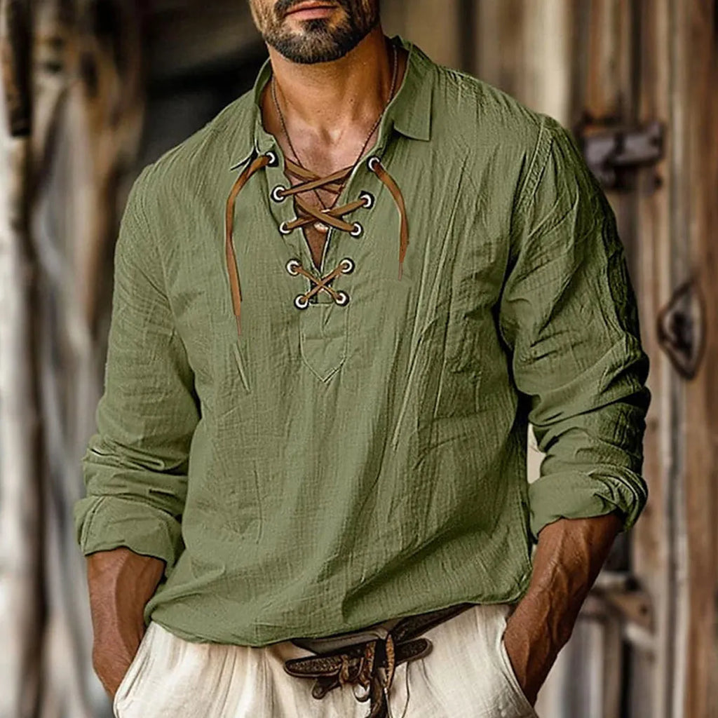 Men's plus size loose-fit linen shirt with a lapel collar in a solid blue colour.