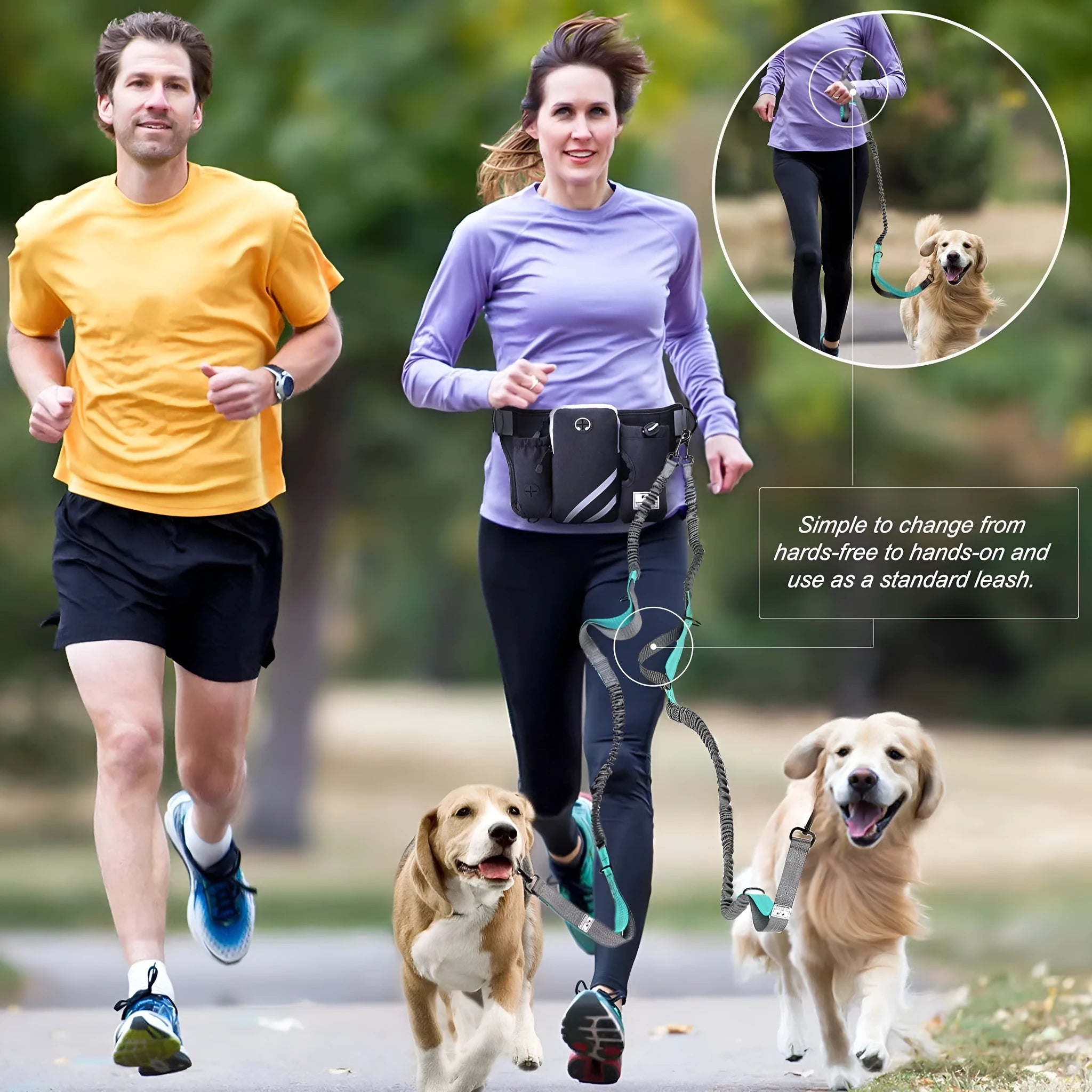 Black nylon waterproof waist bag with integrated dog leash system for outdoor training