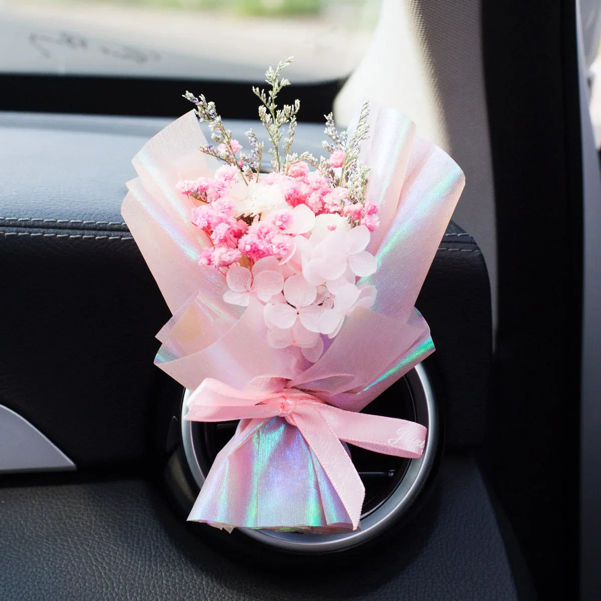 Handmade dried flower bouquet car vent air freshener clip in assorted colours.