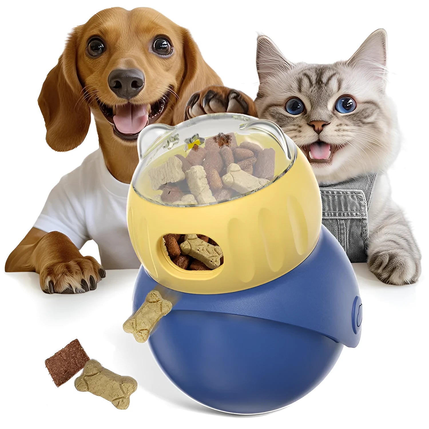 Morandi yellow and blue plastic owl-design tumbler cat feeder toy