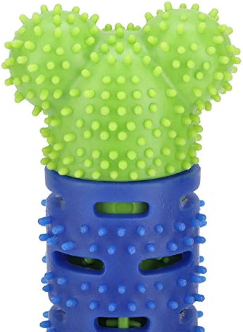 Blue green silicone dog dental cleaning stick with brush bristles and massage nodules, 25cm long