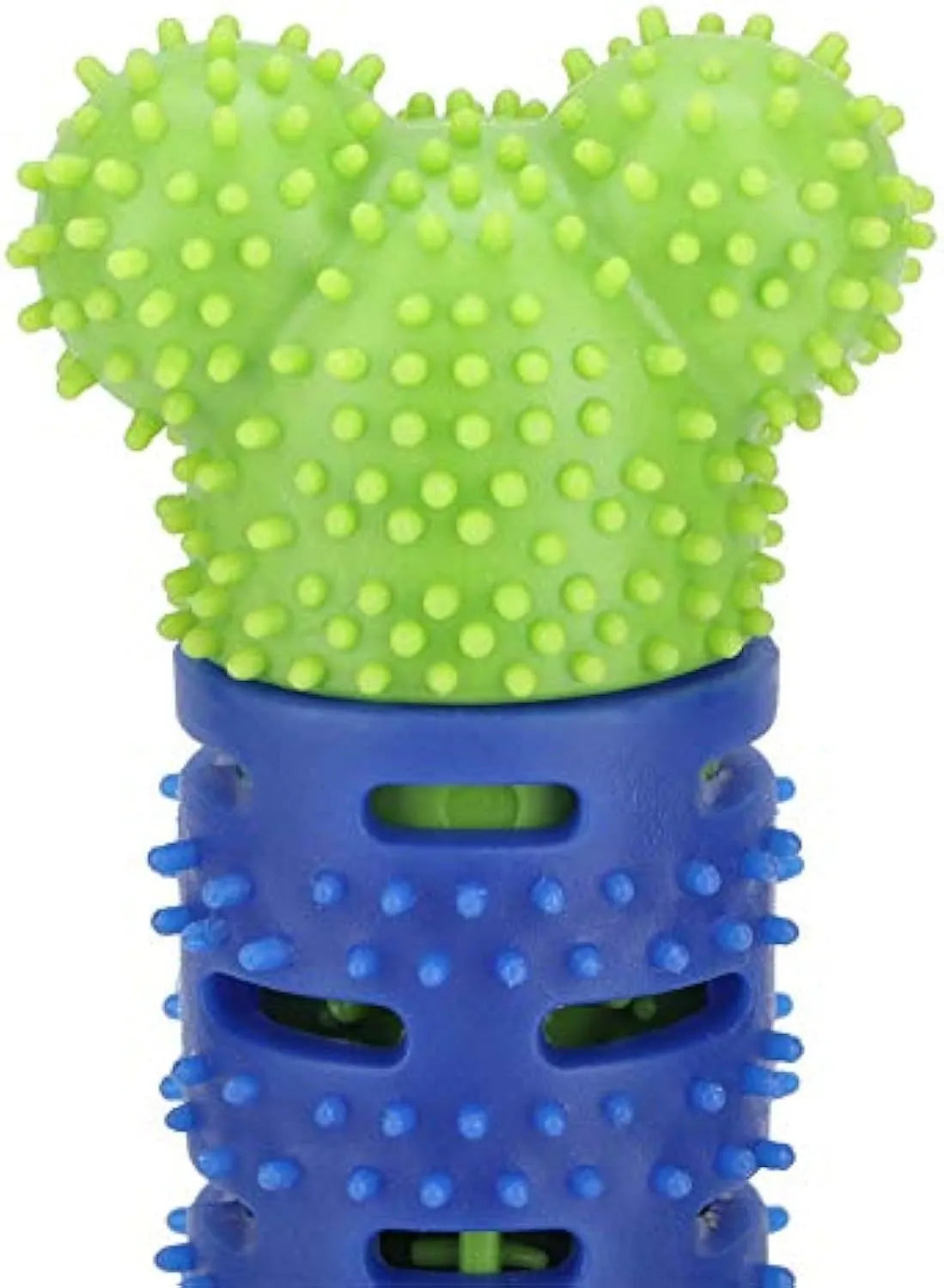 Blue green silicone dog dental cleaning stick with brush bristles and massage nodules, 25cm long