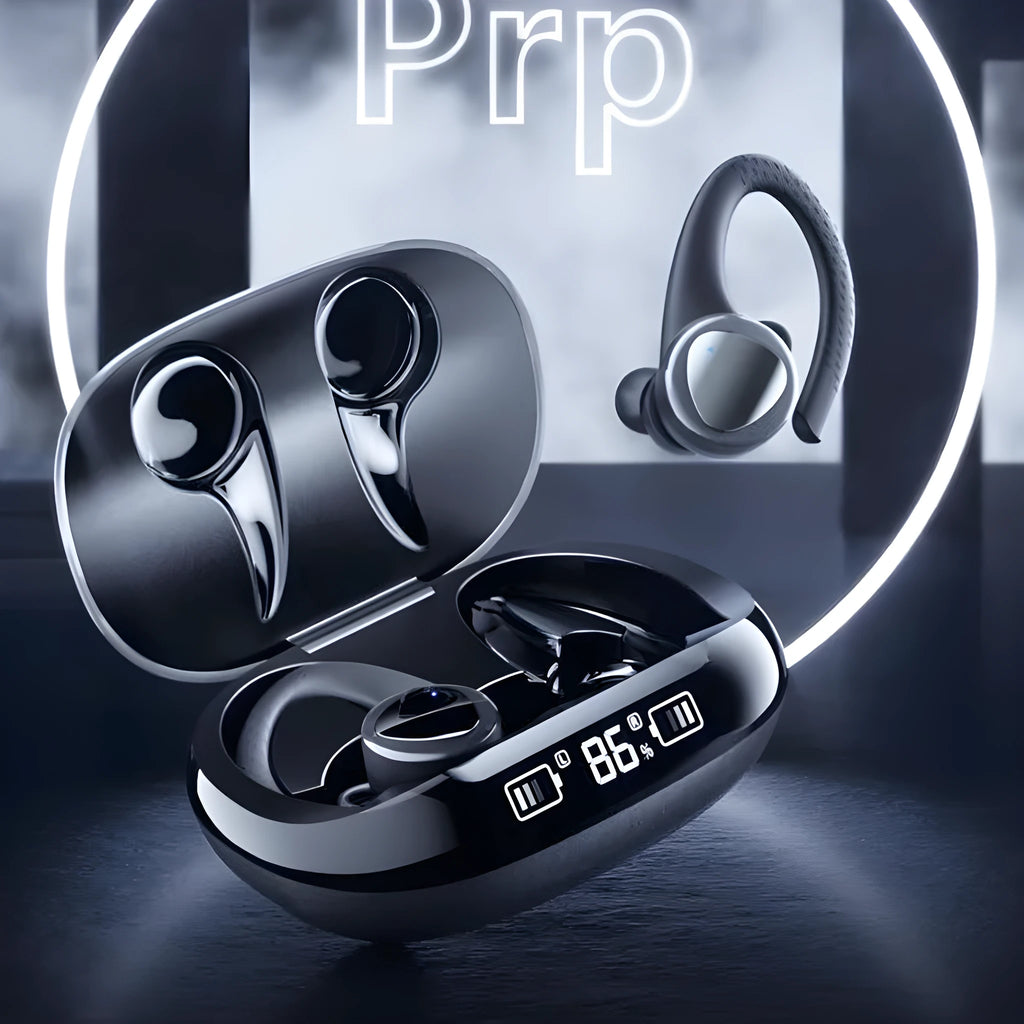 Black true wireless noise cancelling earbuds with charging case, suitable for sports and running.