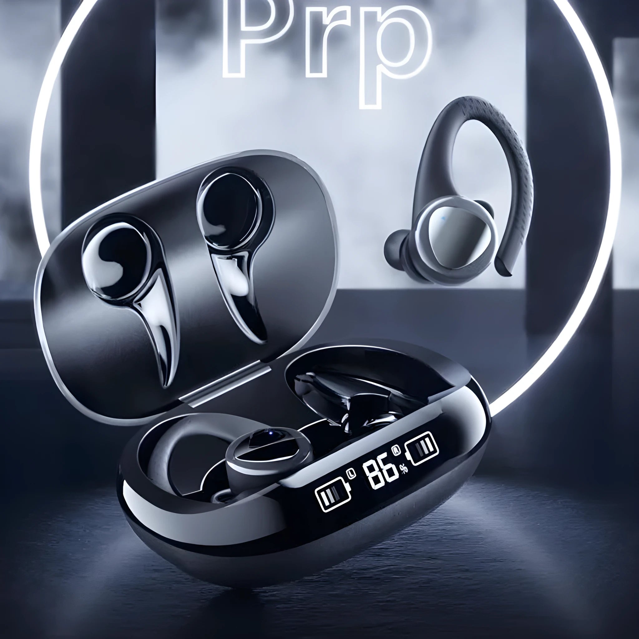 Black true wireless noise cancelling earbuds with charging case, suitable for sports and running.