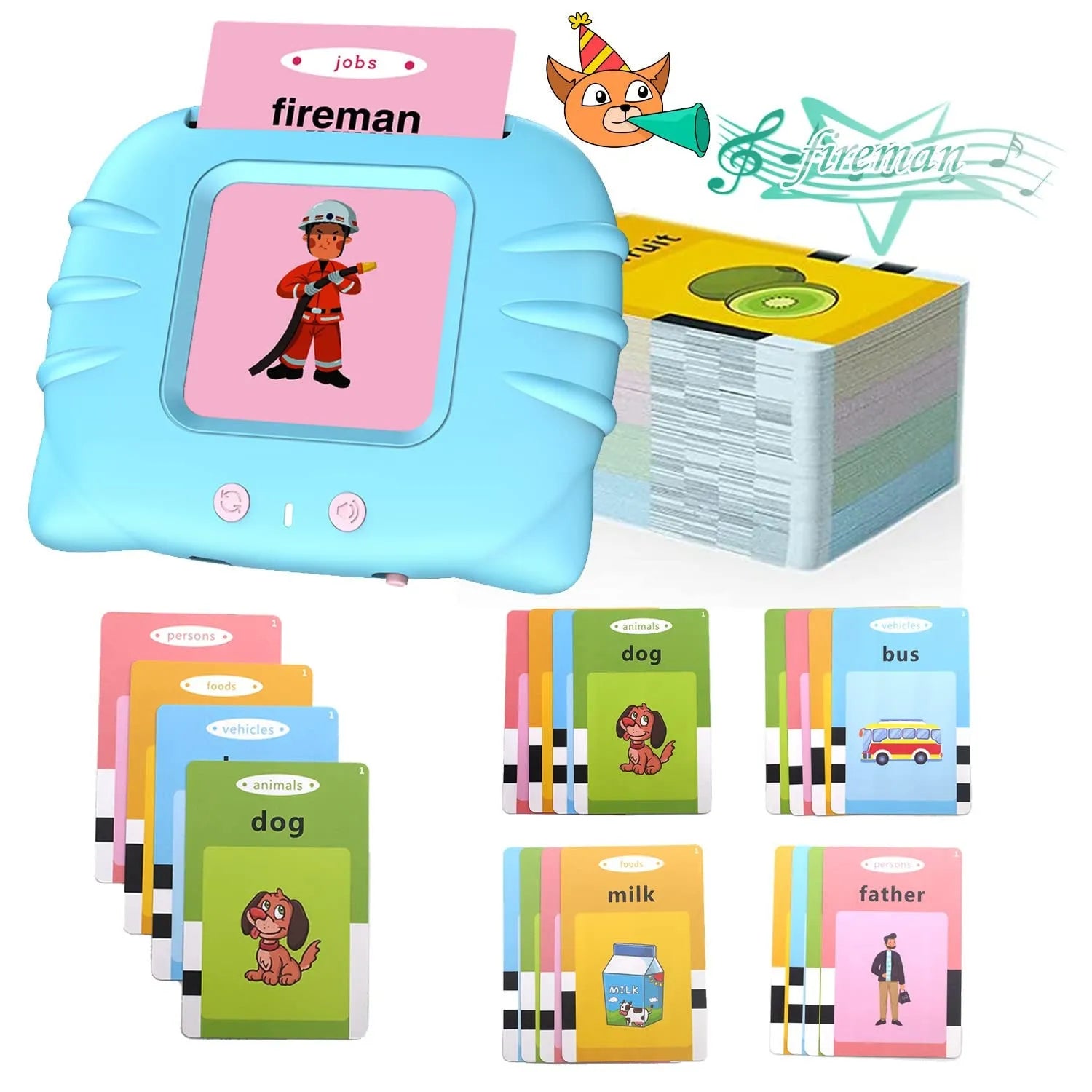 Blue children's learning machine with audio book cards on a table