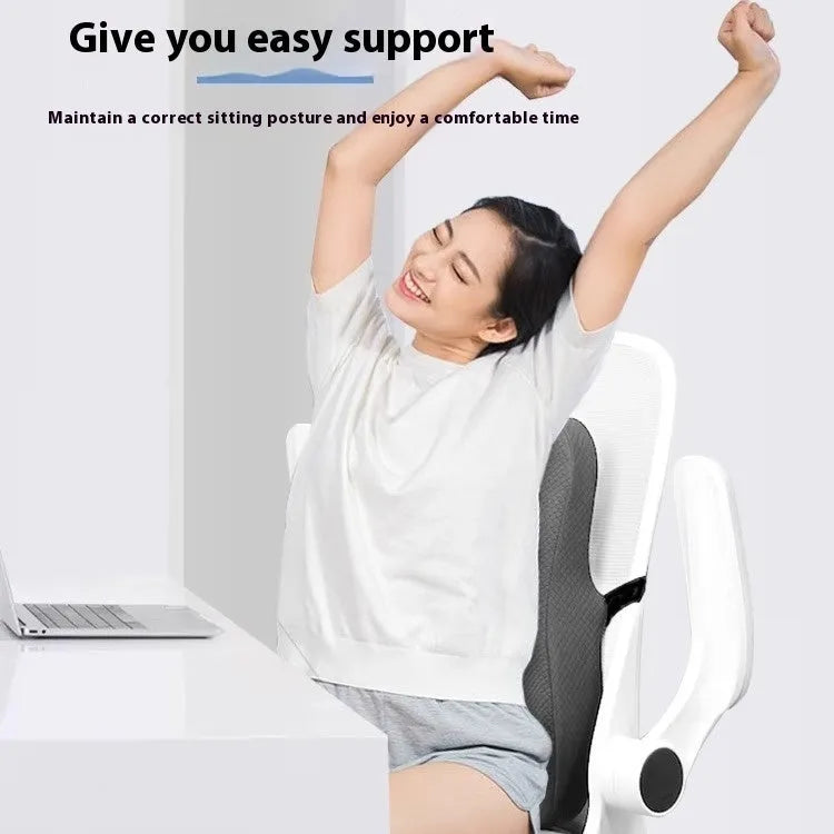 Grey office lumbar support cushion on chair with 40x40x8cm dimensions