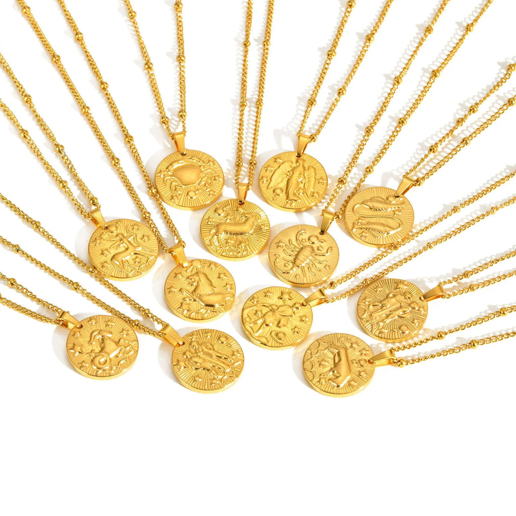 Stainless steel zodiac constellation bead necklace with embossed designs and cross chain