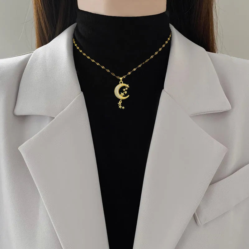 Moon tassel geometric necklace with copper pendant and stainless steel chain, full diamond style.