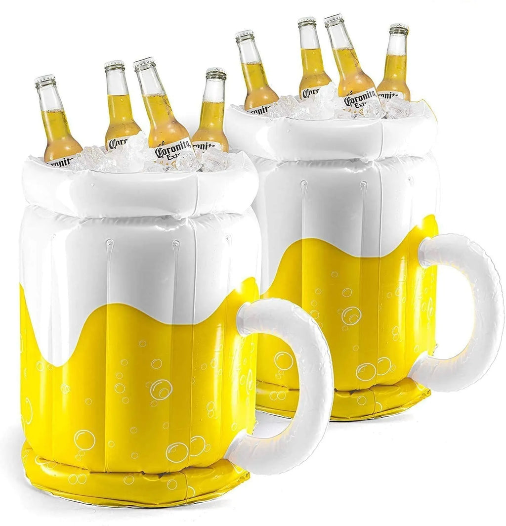 Large yellow inflatable beer mug cooler pool float with 44cm height and 32cm diameter dimensions