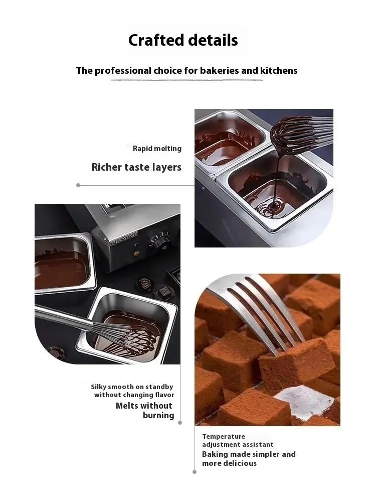 Commercial electric chocolate melting machine with double pot design and water insulation heating system