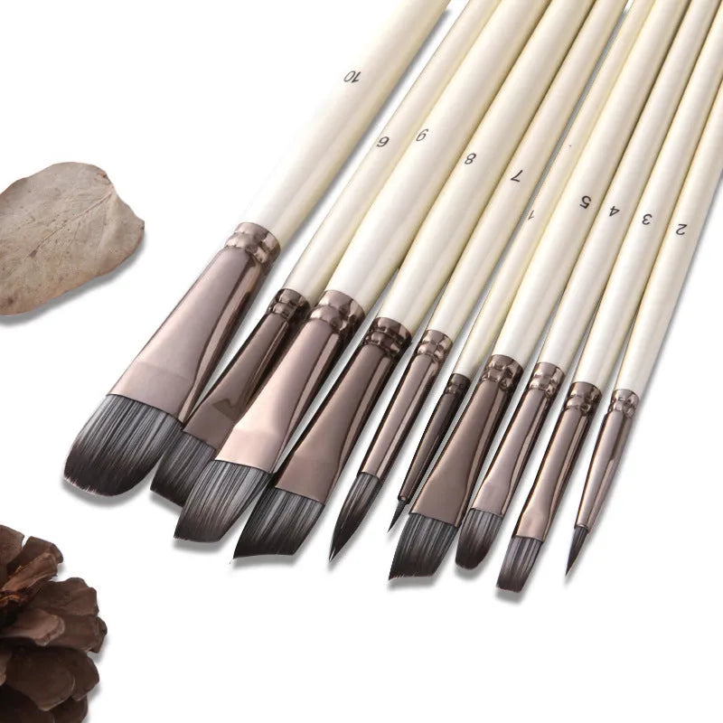 Set of 10 pearlescent white nylon watercolour brushes with wooden handles in PVC bag