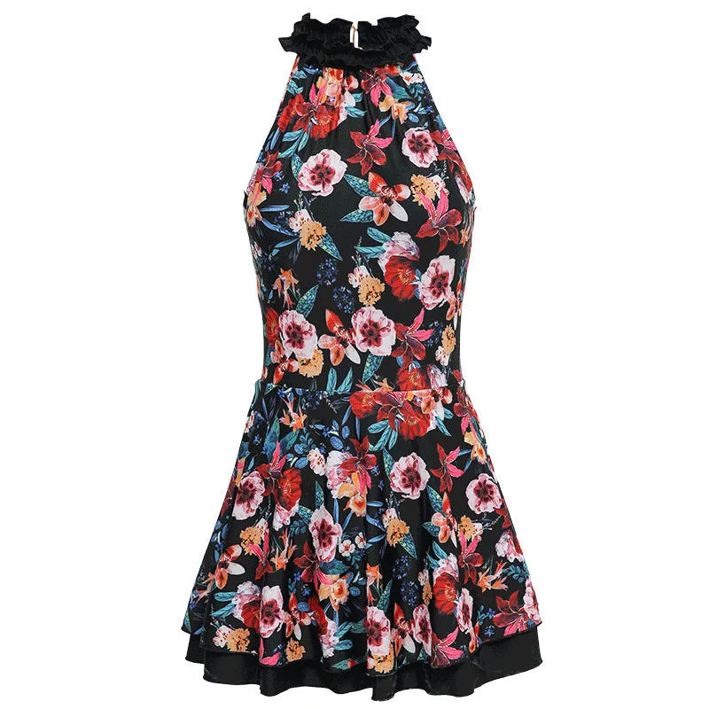 Sanqi black one-piece swimsuit with a printed pattern, shown on a model.