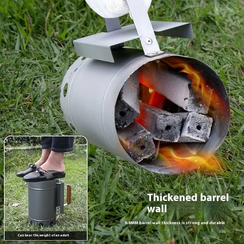 Zinc-iron alloy outdoor charcoal burner in carbon bucket style with an oven igniter.