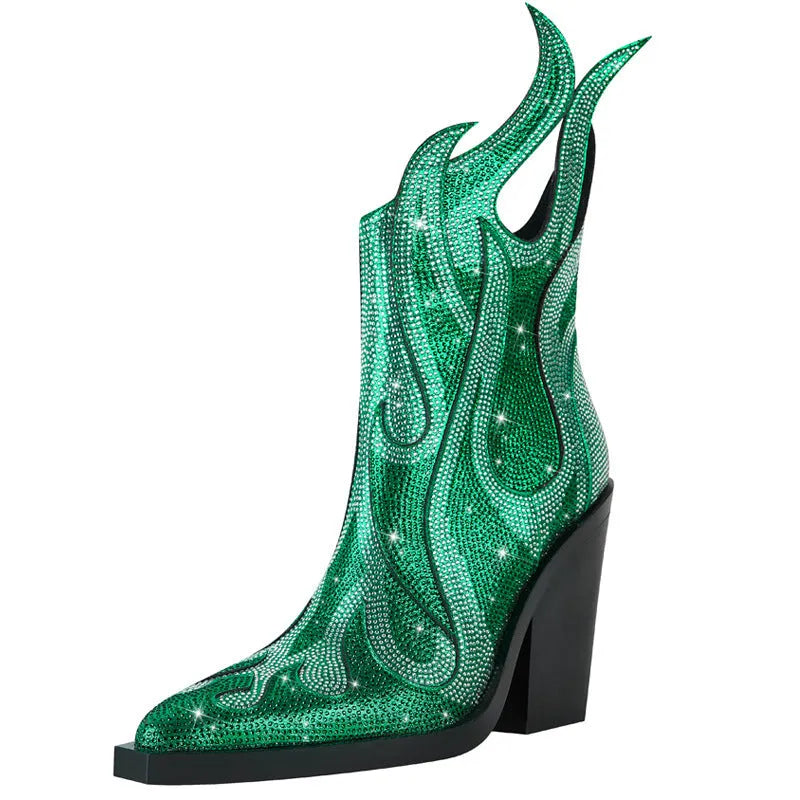 Women's black Martin boot with square toe, chunky high heel, and rhinestone flame decoration on the side.