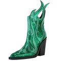 Women's black Martin boot with square toe, chunky high heel, and rhinestone flame decoration on the side.