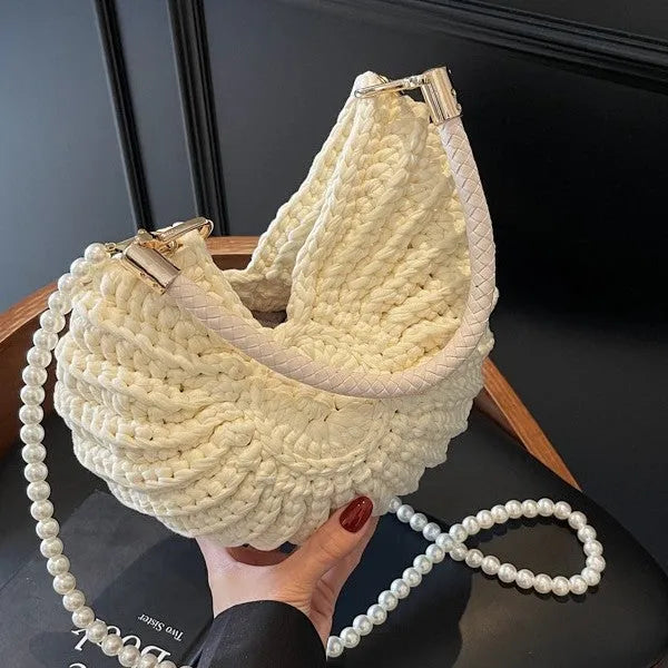 Women's handmade woven cloth shoulder bag in retro style with open top and phone compartment