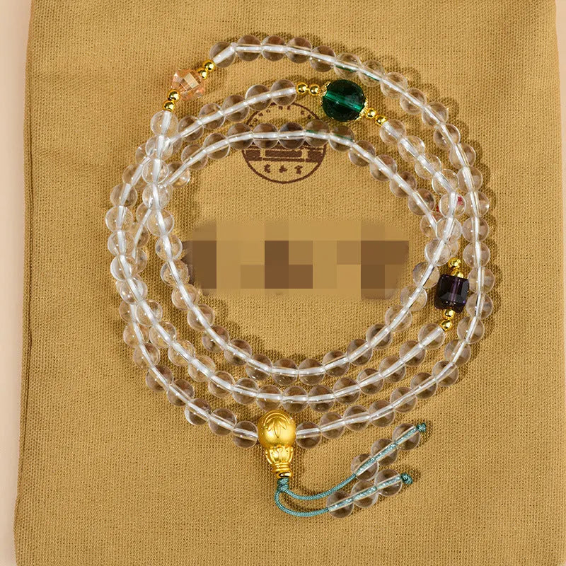 White crystal 108-bead rosary bracelet necklace with geometric beads and ethnic styling