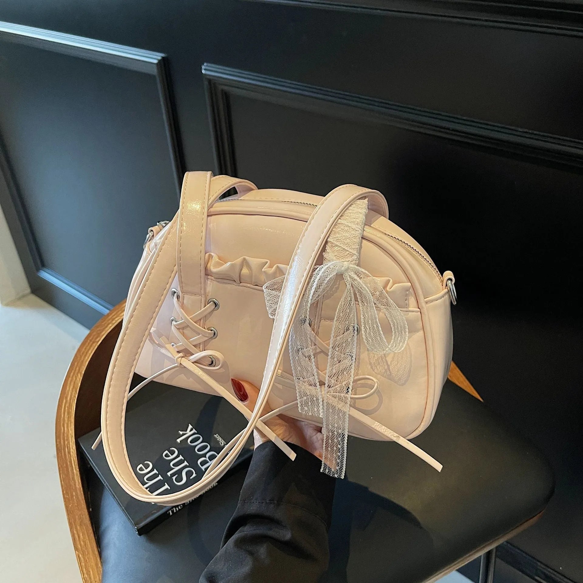 Women's casual shoulder handbag with bandage bow detail and PU leather in milky white colour