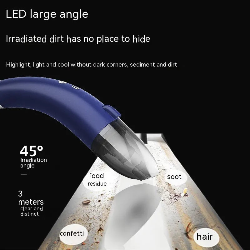 Handheld wireless car vacuum cleaner with USB charging port showing black colour option