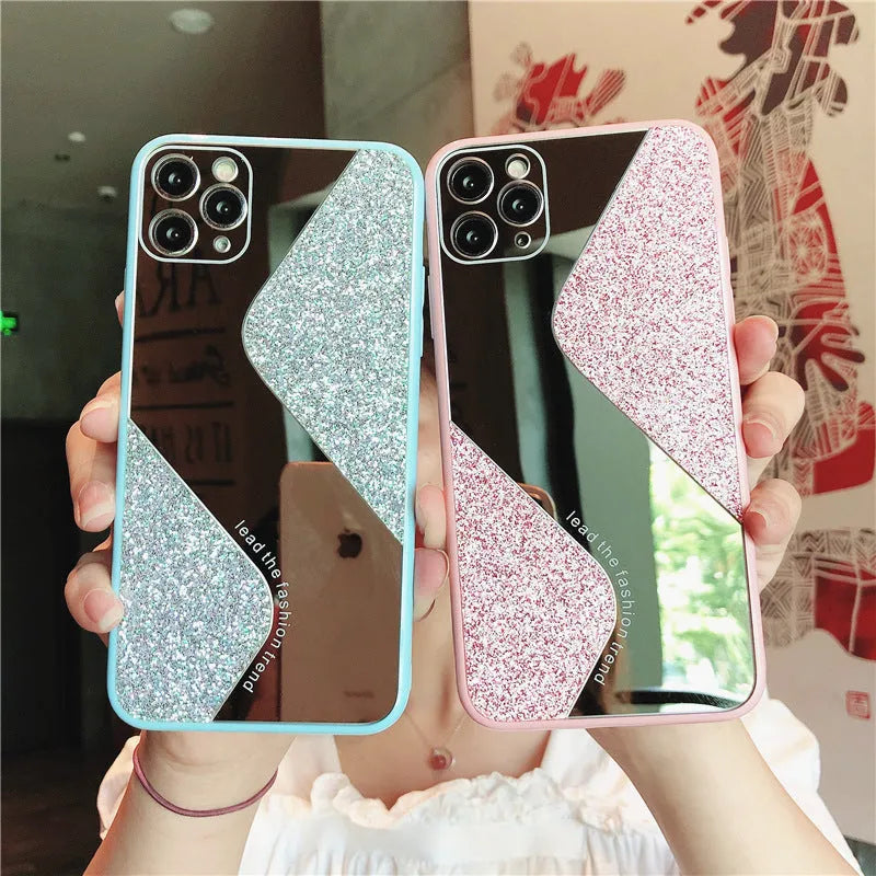 Glitter mirror iPhone case with rhinestones on a pink background, showing Black, Blue, and Pink colour options.
