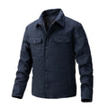 Quilted men's cotton jacket with polo collar and wool lining shown in dark blue.