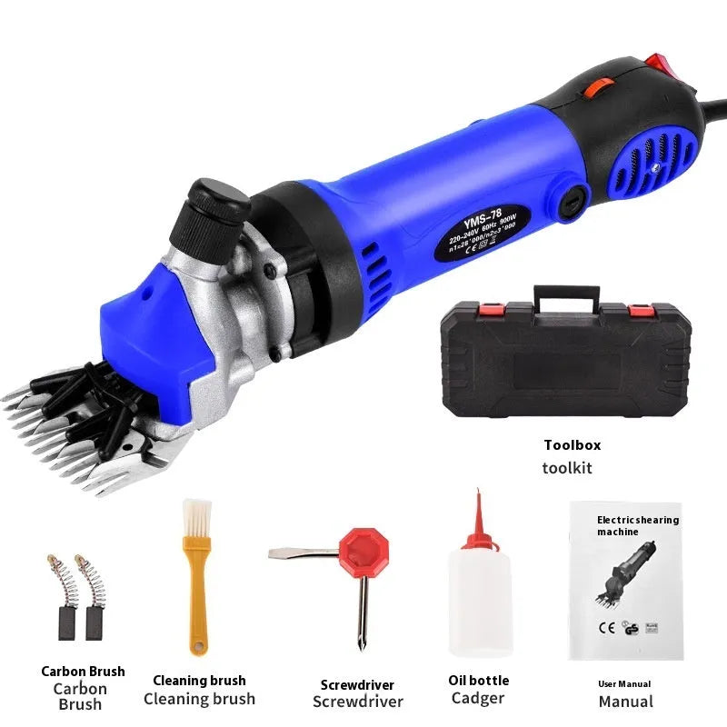 Yellow electric wool shearing unit with 13-tooth straight knife and full accessory kit including multiple blades and maintenance tools