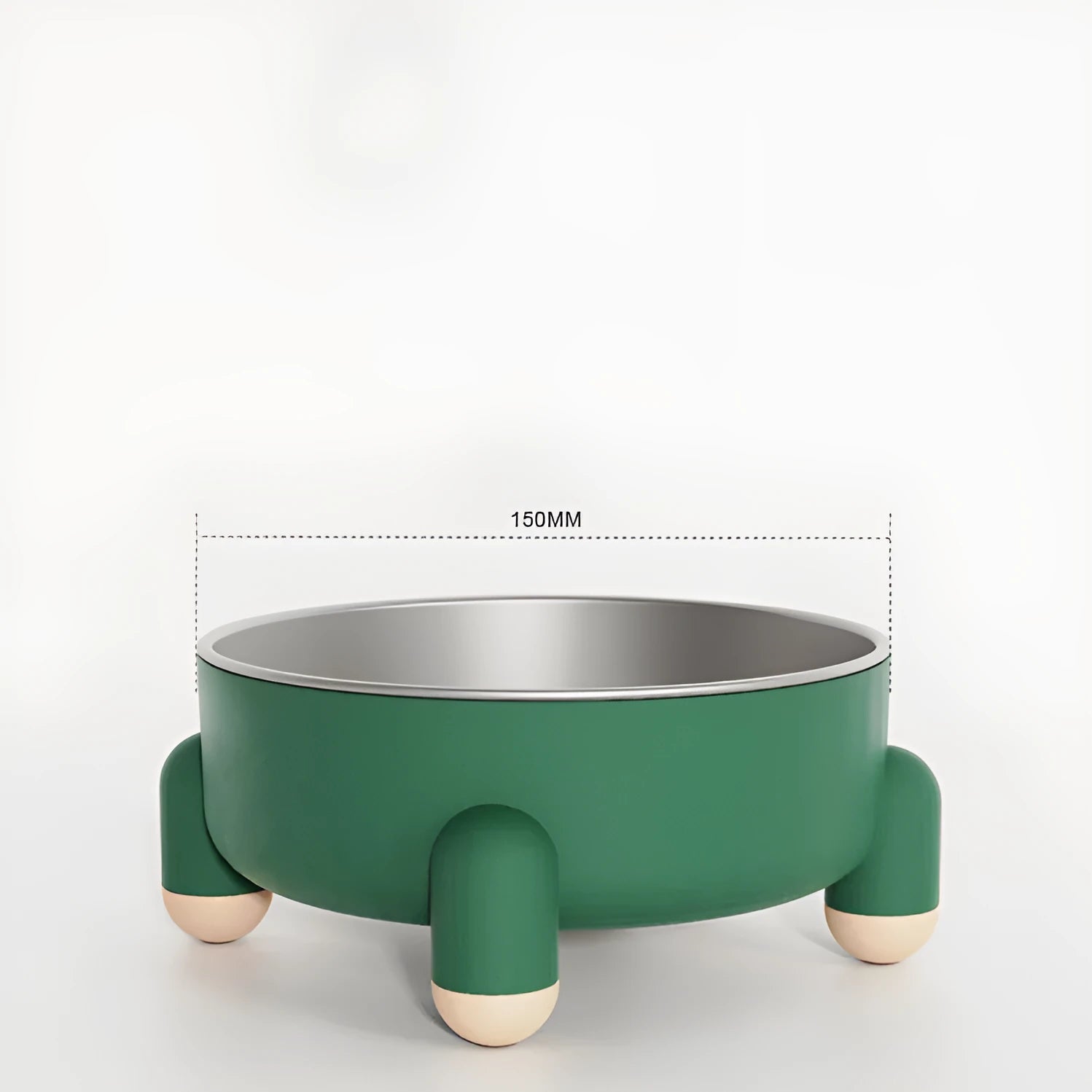A green stainless steel pet bowl with a non-slip base and high foot, placed on a floor.