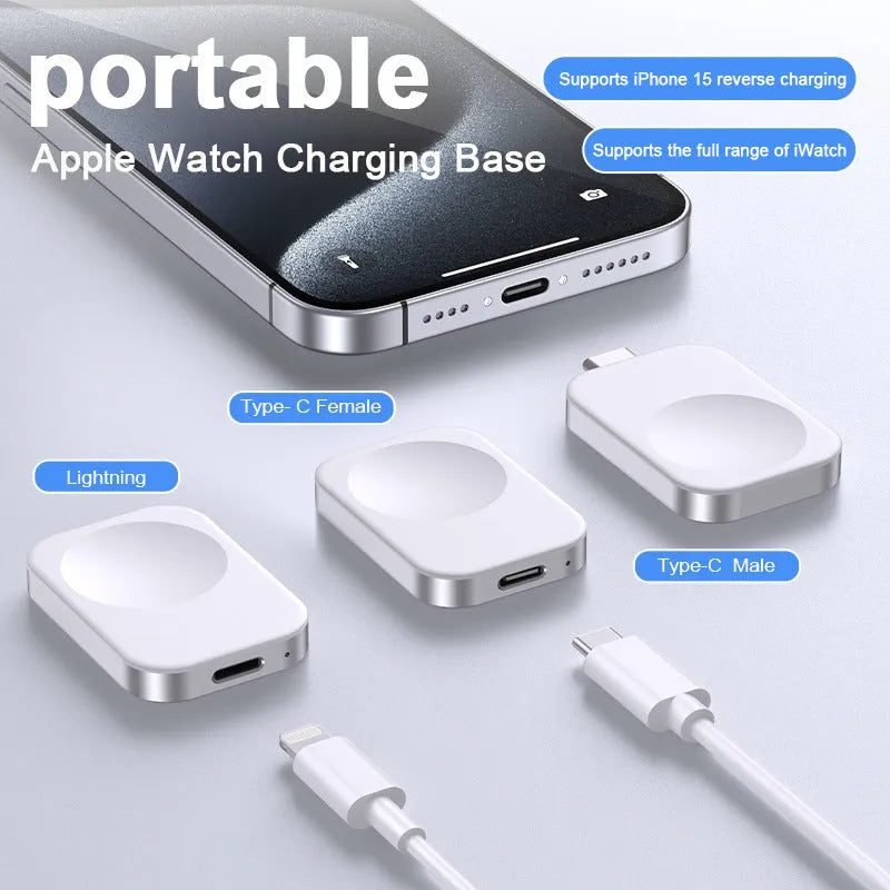Compact black three-in-one magnetic wireless charger for iPhone, Apple Watch and AirPods.